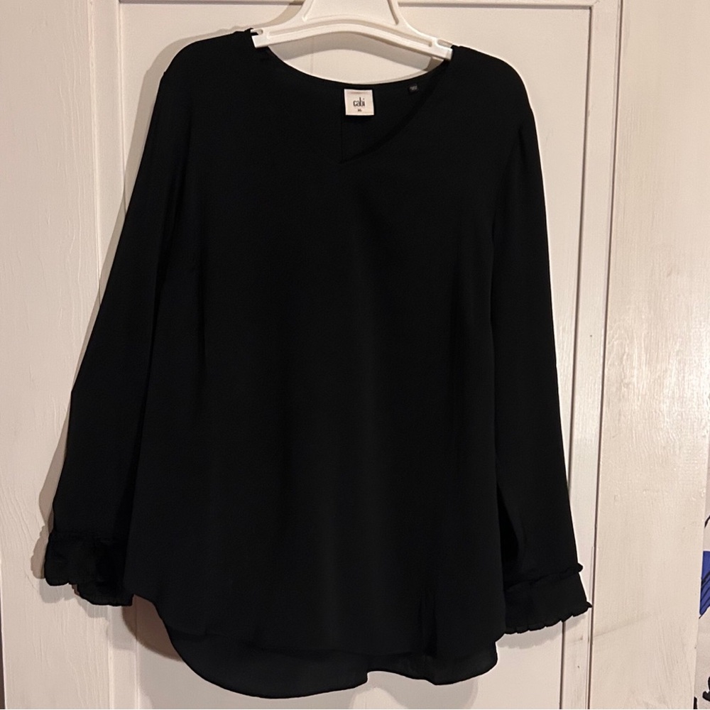 CAbi Black V-Neck Poly Mix Top with Statement Sleeves size XL